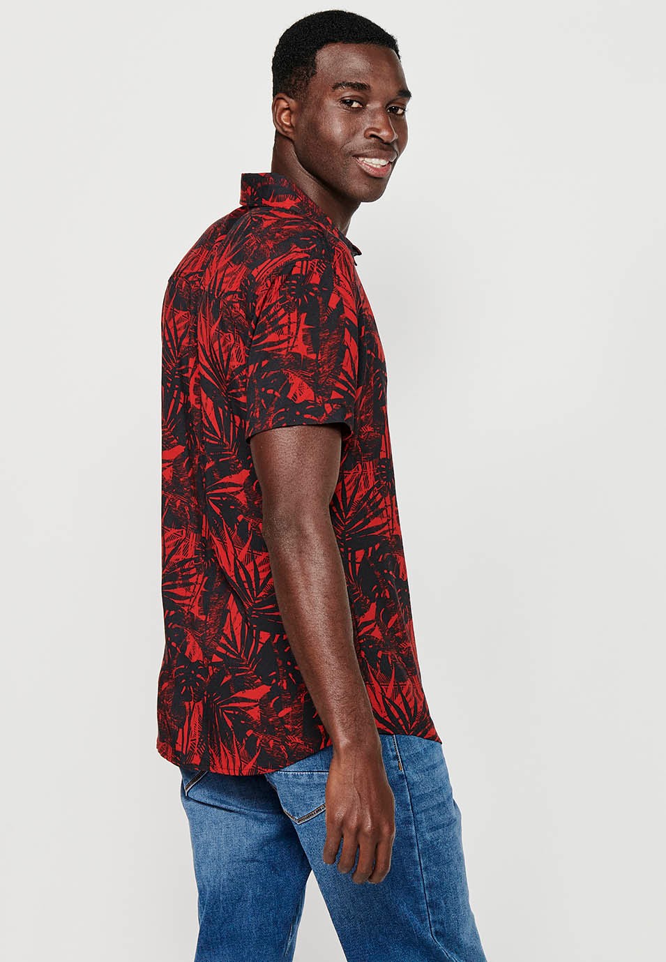 Men's Red Floral Print Button Front Closure Short Sleeve Shirt 7