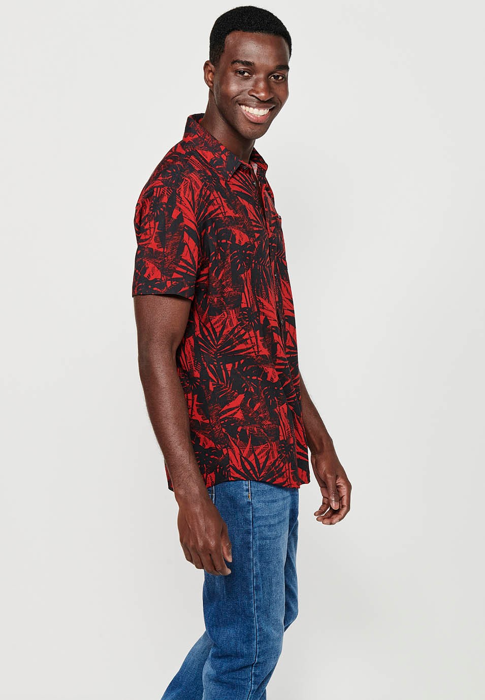 Men's Red Floral Print Button Front Closure Short Sleeve Shirt 5