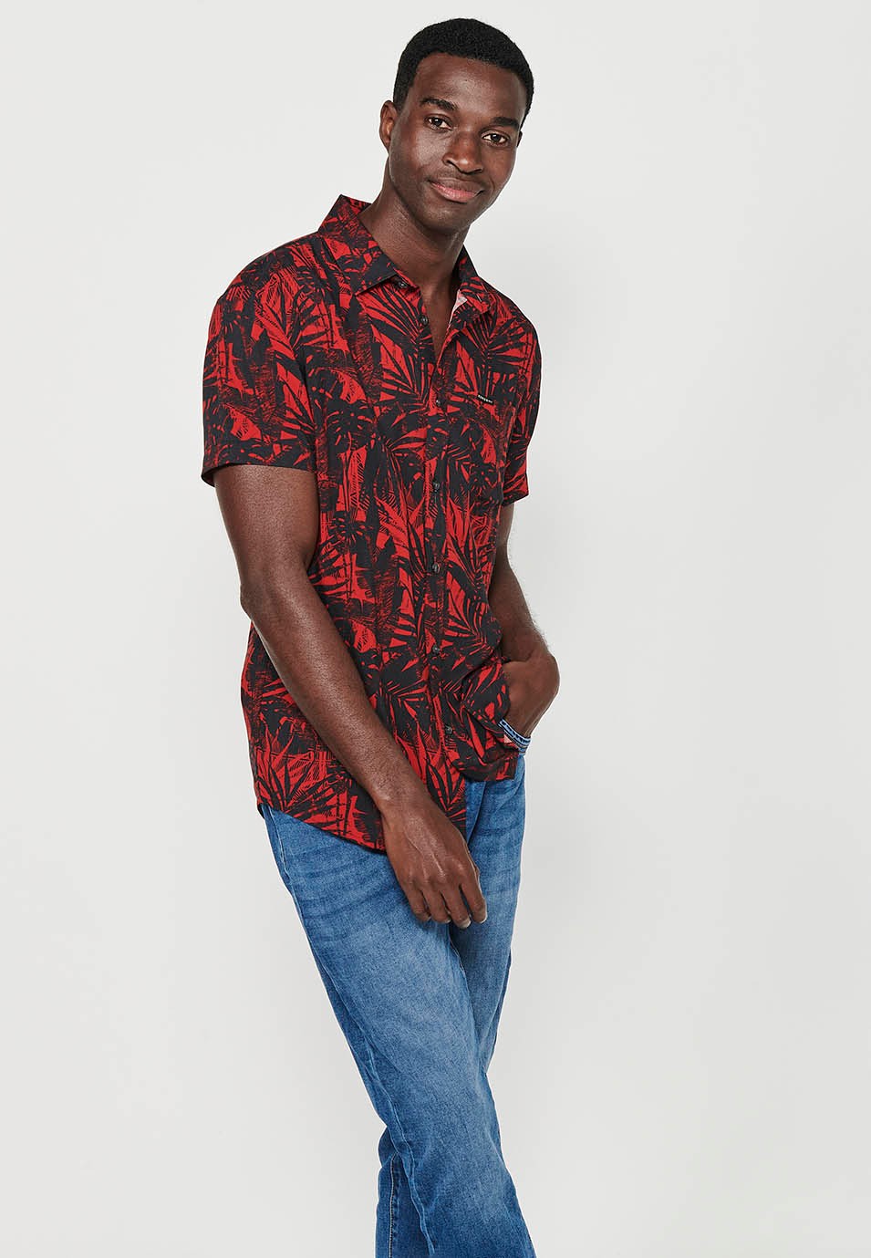 Men's Red Floral Print Button Front Closure Short Sleeve Shirt 6