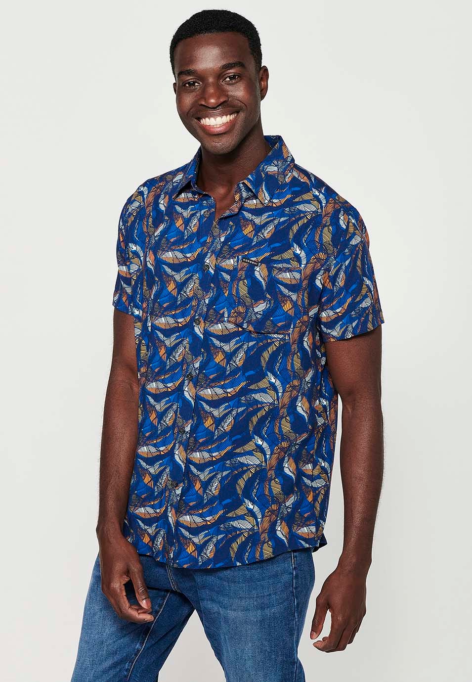 Camisa de manga corta con cierre delantero con botones y estampado floral de color naranja para hombre | Ropa Casual 2