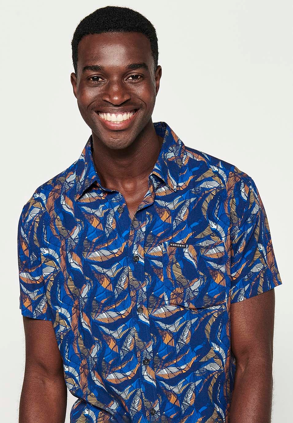 Men's Orange Floral Print Button Front Short Sleeve Shirt 7