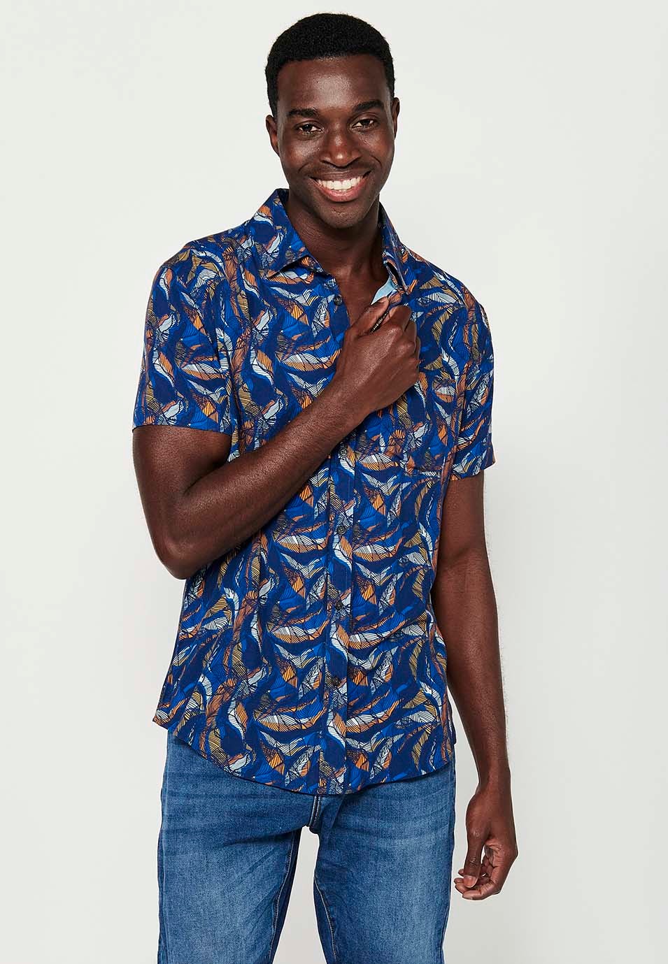 Men's Orange Floral Print Button Front Short Sleeve Shirt 6