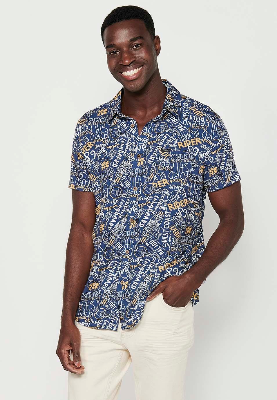 Men's Yellow Button Front Closure Printed Short Sleeve Shirt