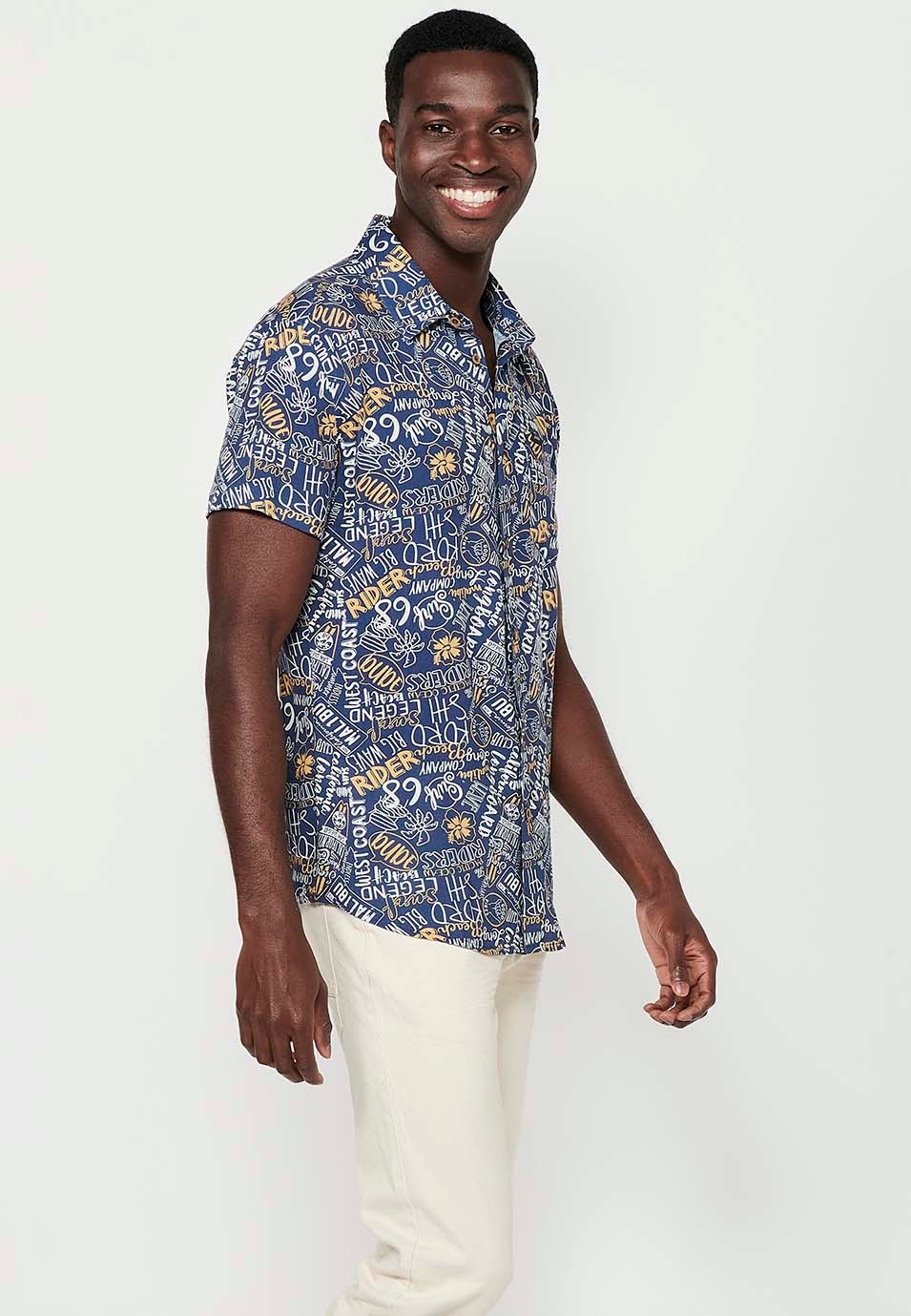 Men's Yellow Button Front Closure Printed Short Sleeve Shirt