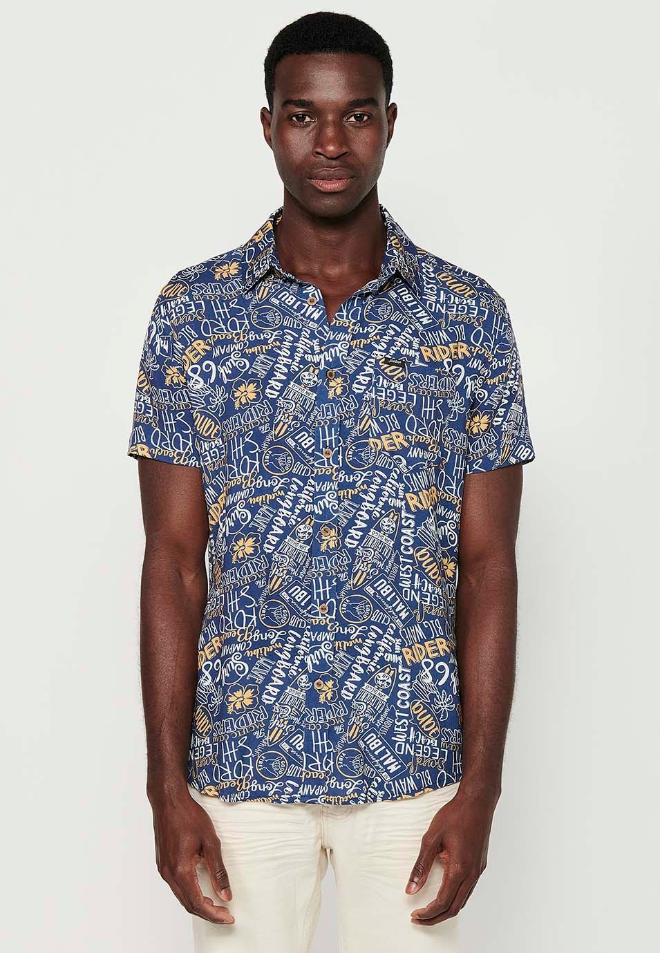 Men's Yellow Button Front Closure Printed Short Sleeve Shirt