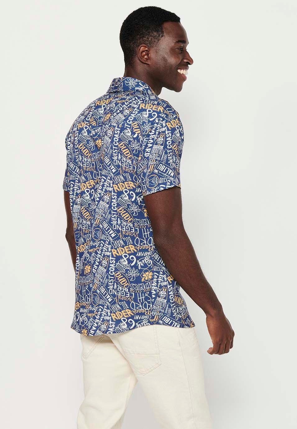 Men's Yellow Button Front Closure Printed Short Sleeve Shirt