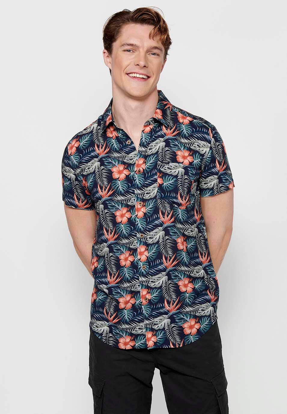Bedrucktes Kurzarmhemd für Herren in Korallenfarbe mit Knopfverschluss vorne