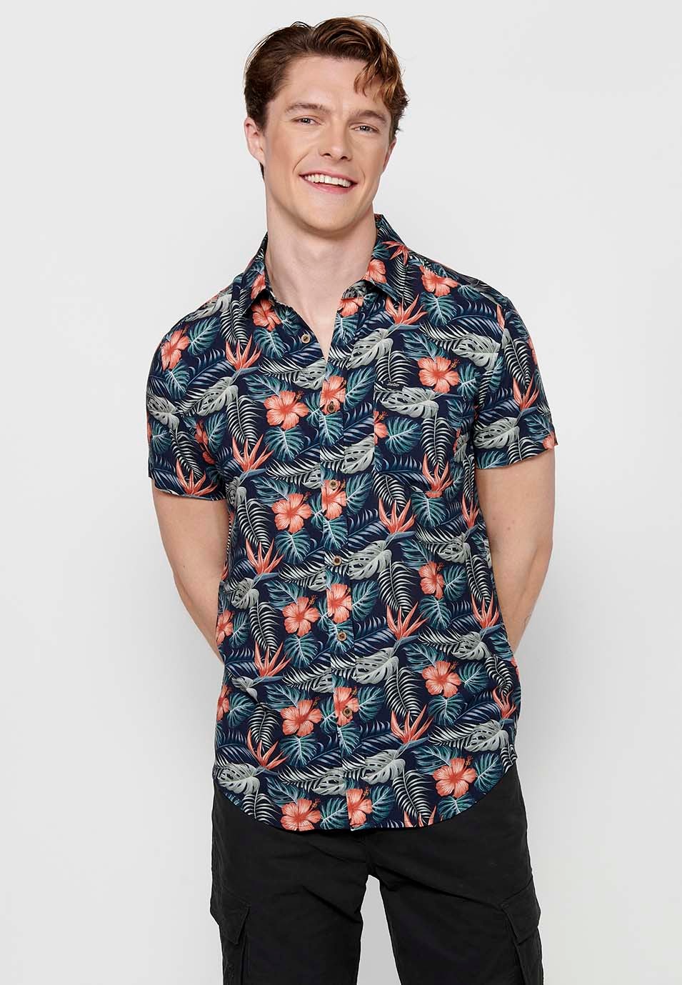 Camisa de manga corta estampada con Cierre delantero con botones de Color Coral para Hombre