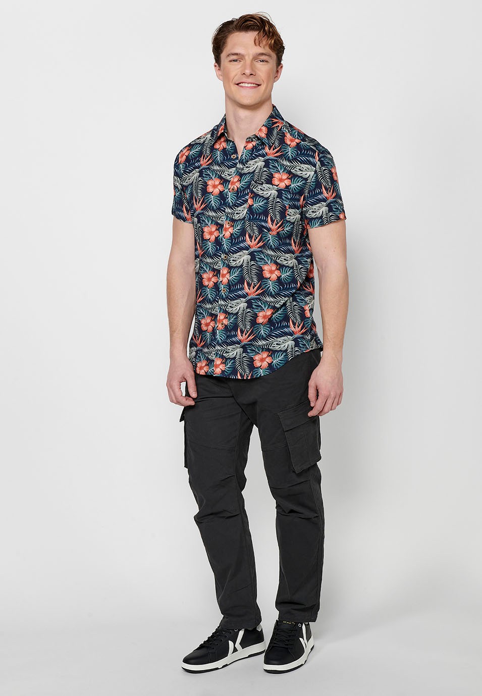 Camisa de manga corta estampada con Cierre delantero con botones de Color Coral para Hombre 5