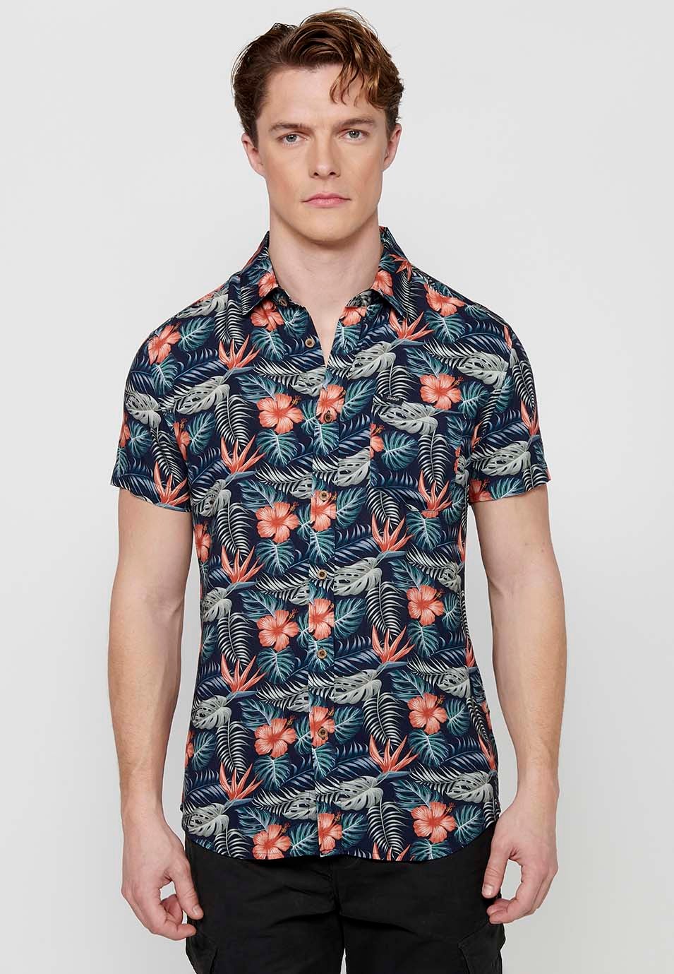 Men's Coral Color Button Front Closure Printed Short Sleeve Shirt 3