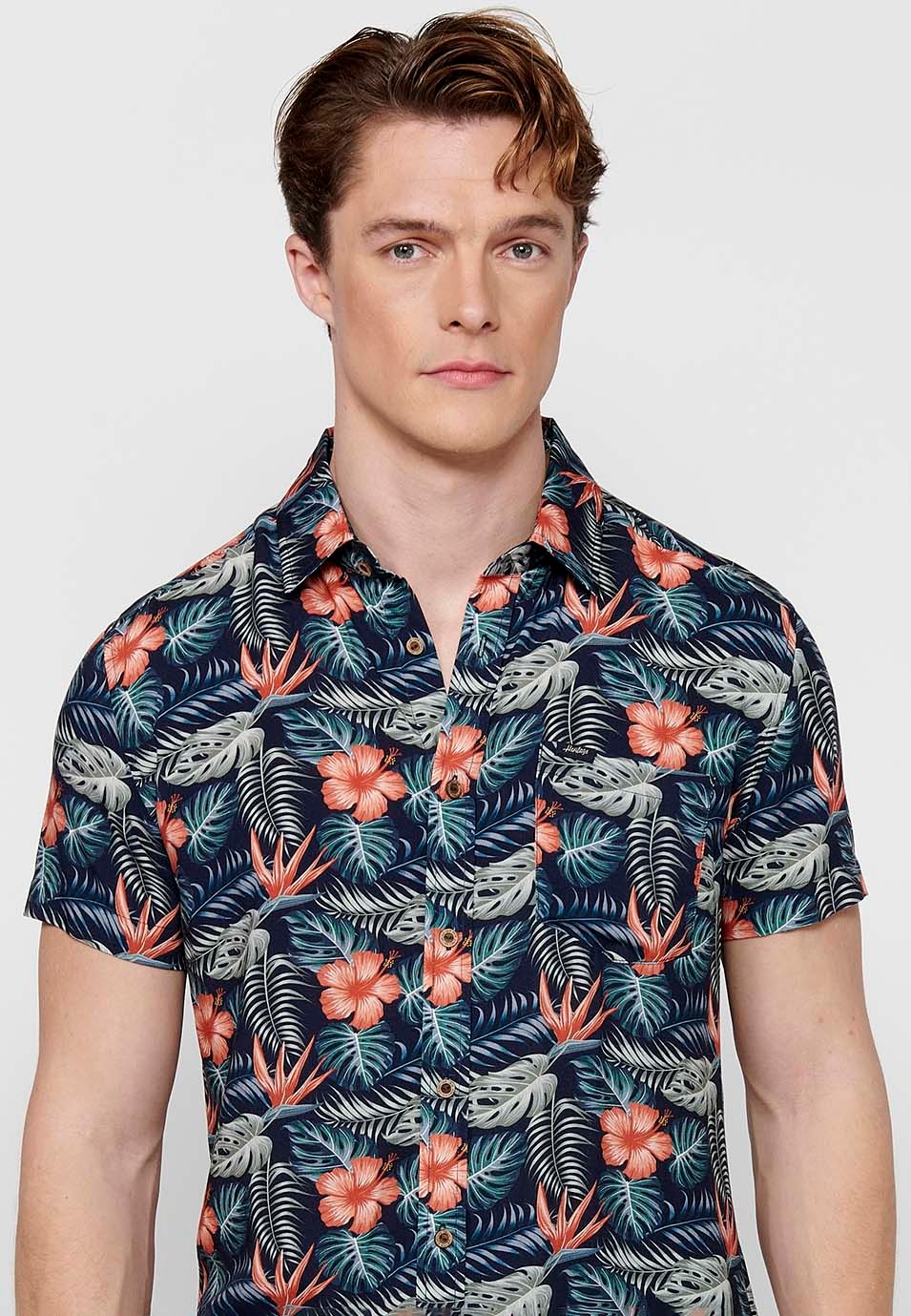 Men's Coral Color Button Front Closure Printed Short Sleeve Shirt 4