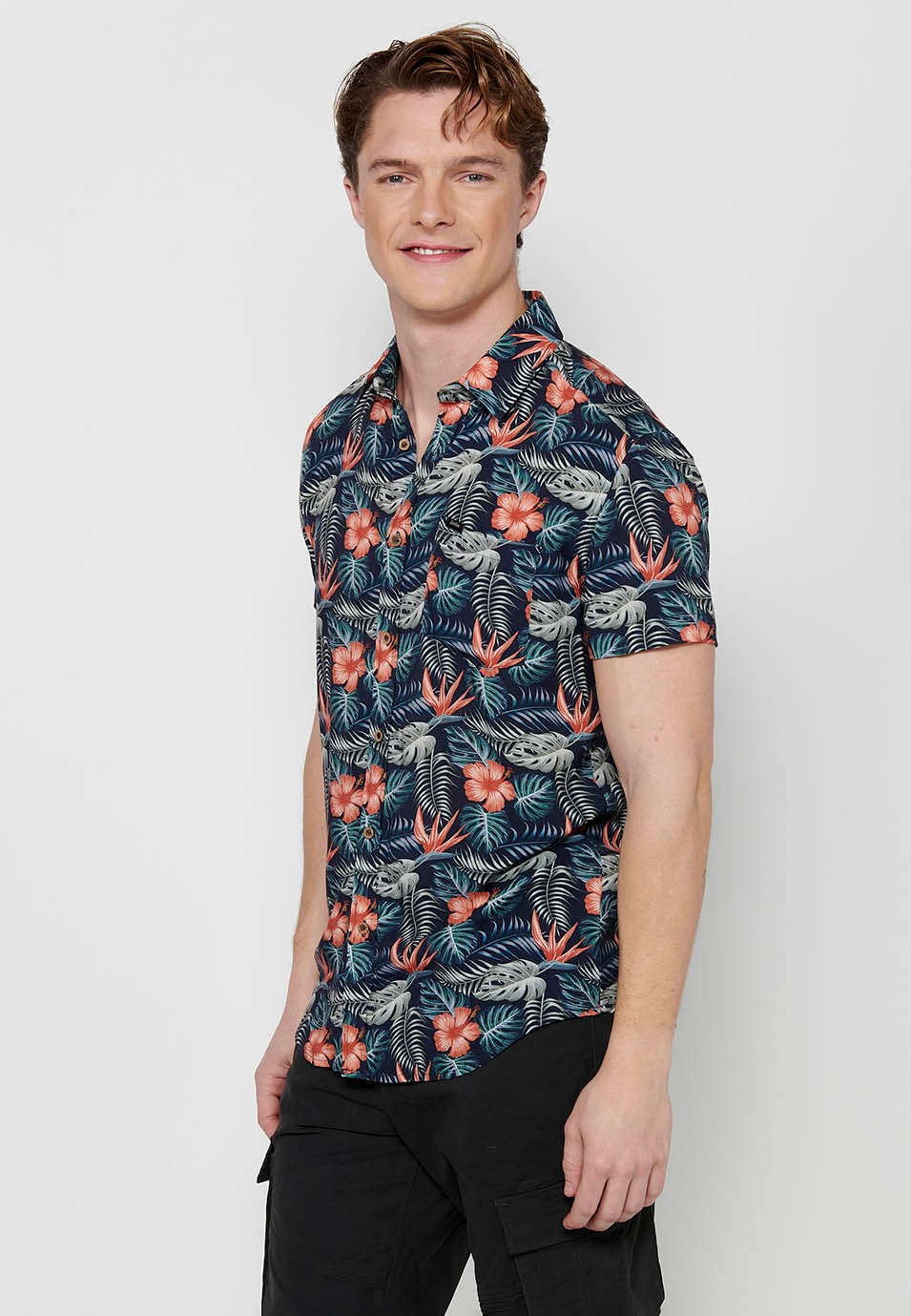 Bedrucktes Kurzarmhemd für Herren in Korallenfarbe mit Knopfverschluss vorne 7