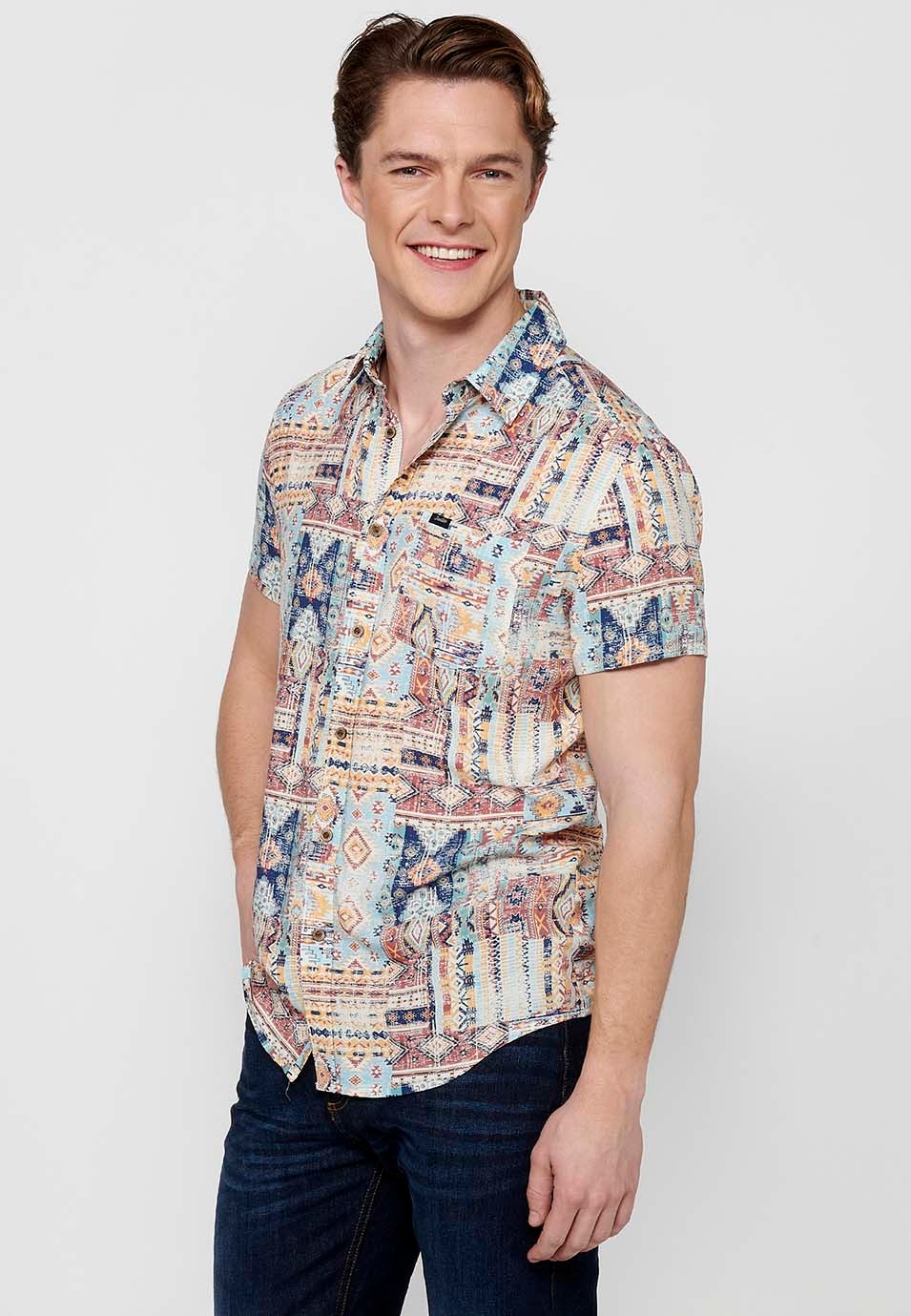 Men's Multicolor Button Front Closure Printed Short Sleeve Shirt