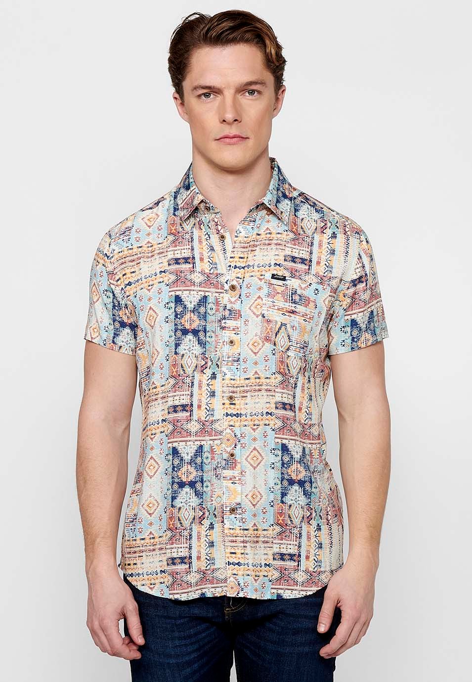 Men's Multicolor Button Front Closure Printed Short Sleeve Shirt 2