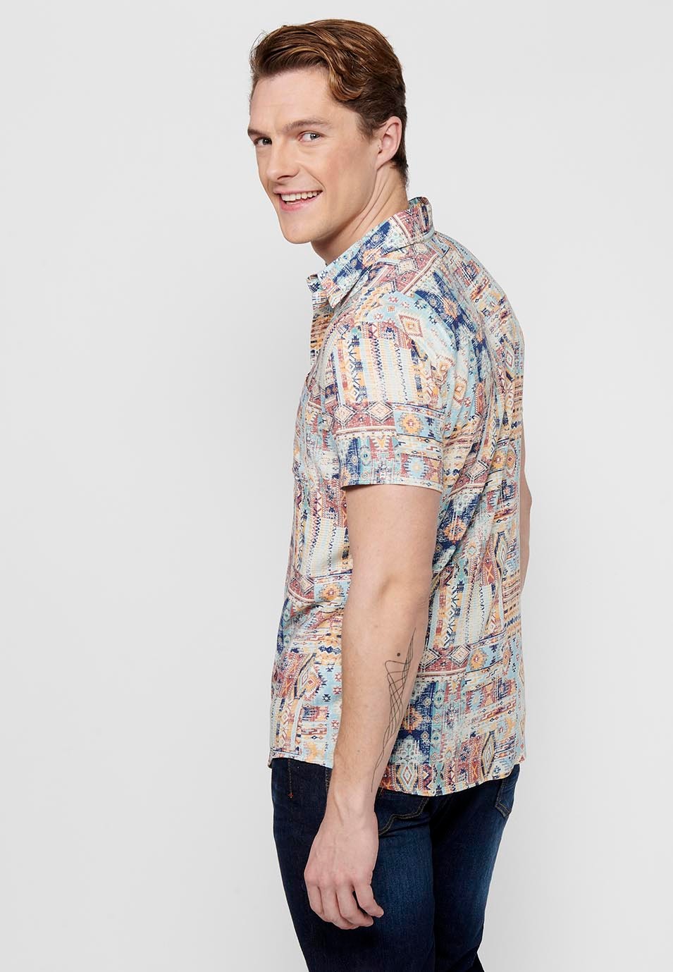 Men's Multicolor Button Front Closure Printed Short Sleeve Shirt 7