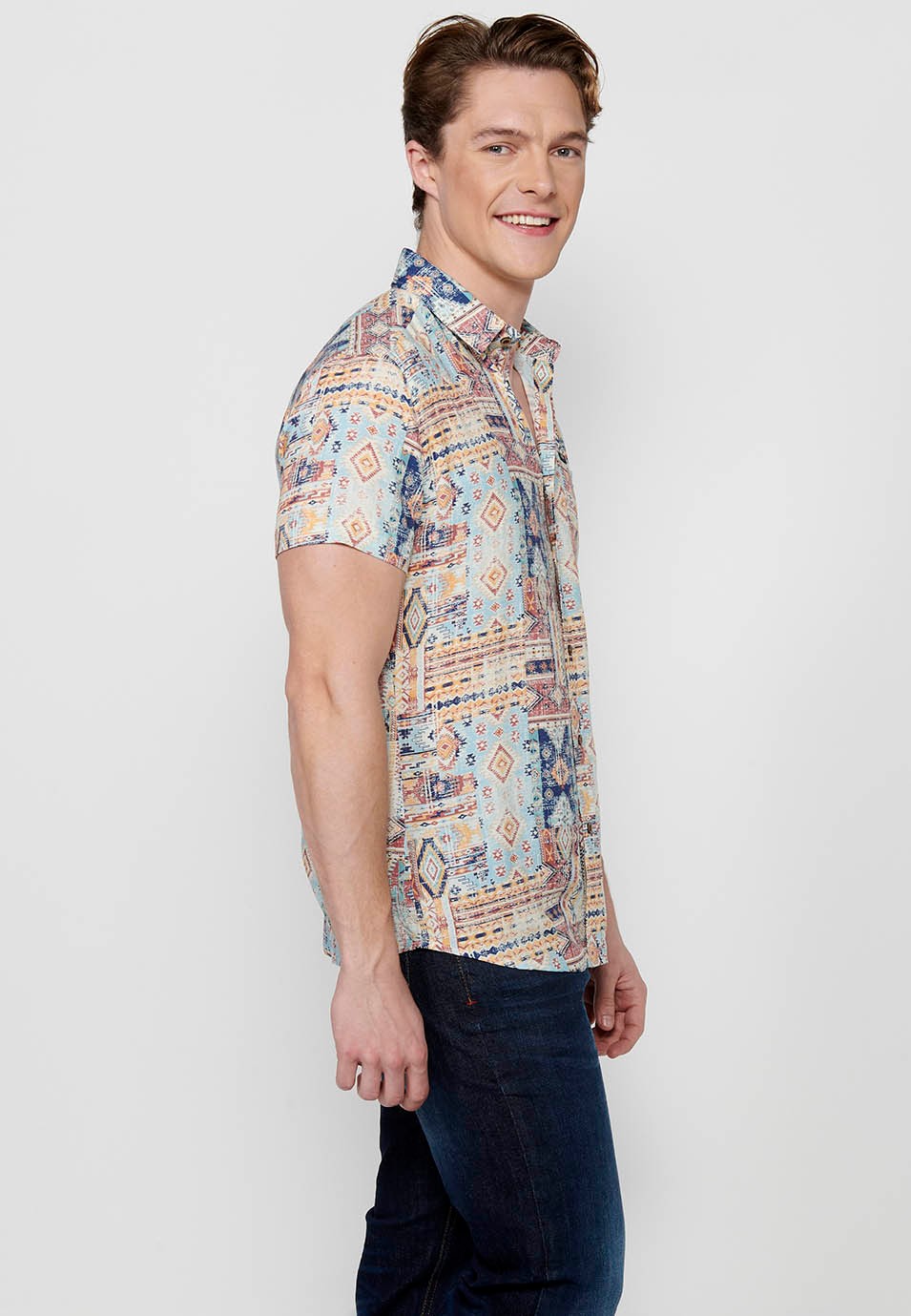 Men's Multicolor Button Front Closure Printed Short Sleeve Shirt 3