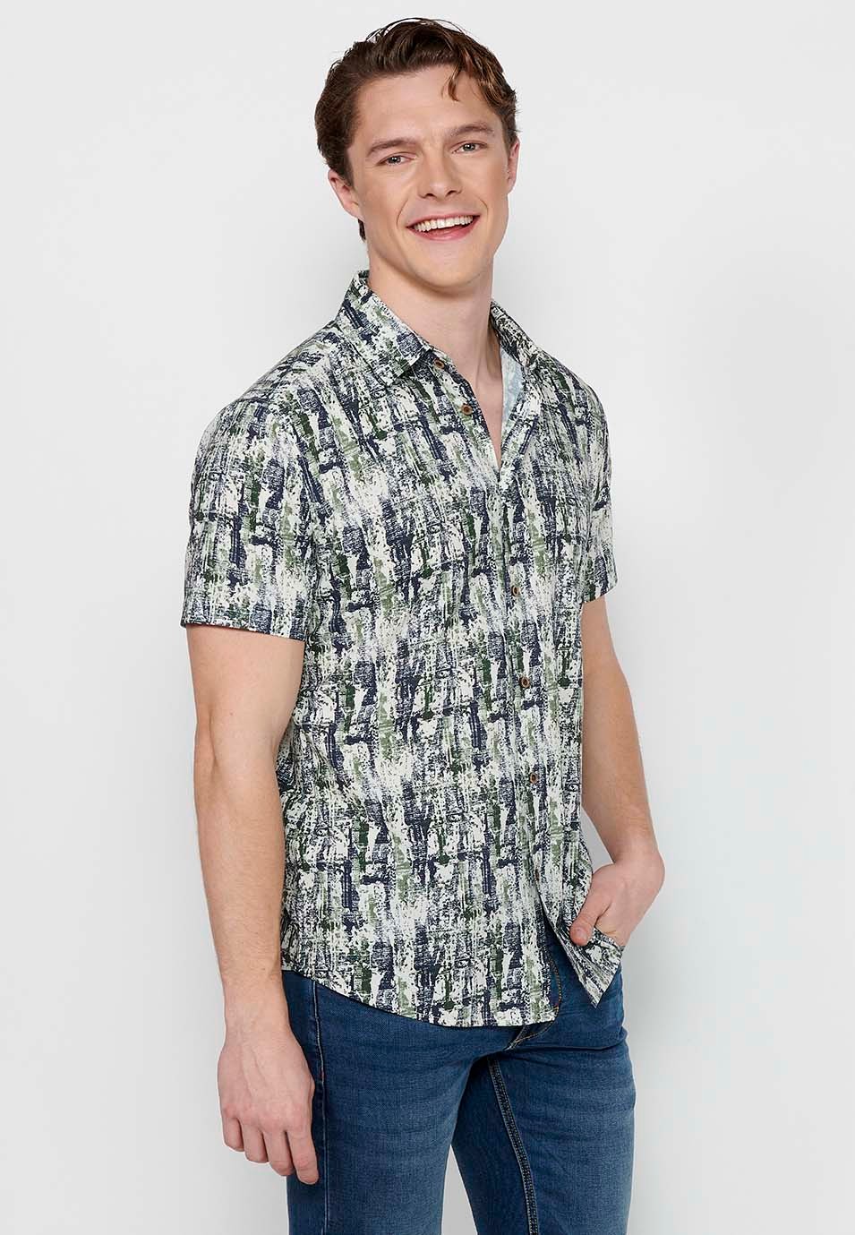 Men's Khaki Color Button Front Closure Short Sleeve Printed Shirt