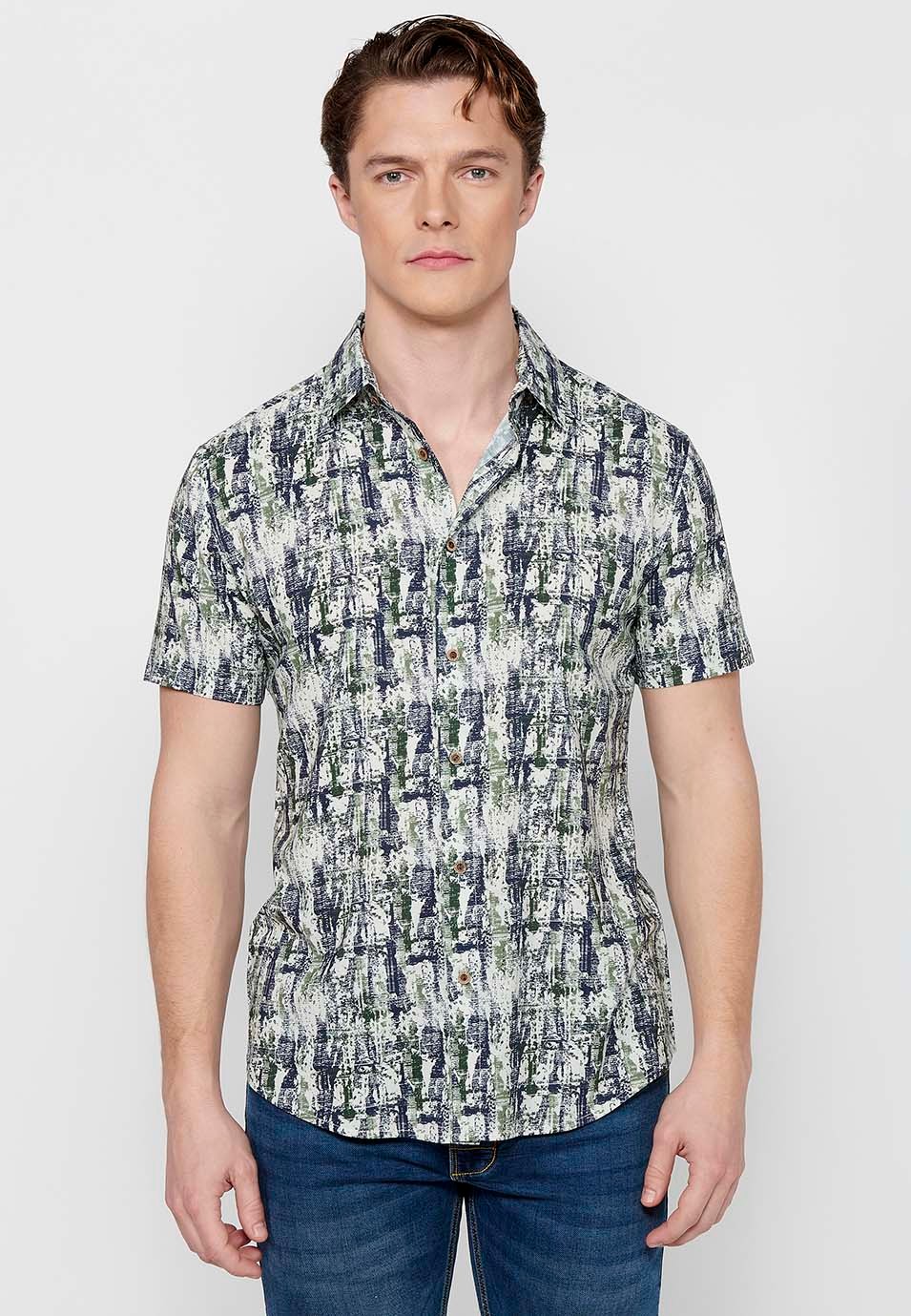 Men's Khaki Color Button Front Closure Short Sleeve Printed Shirt