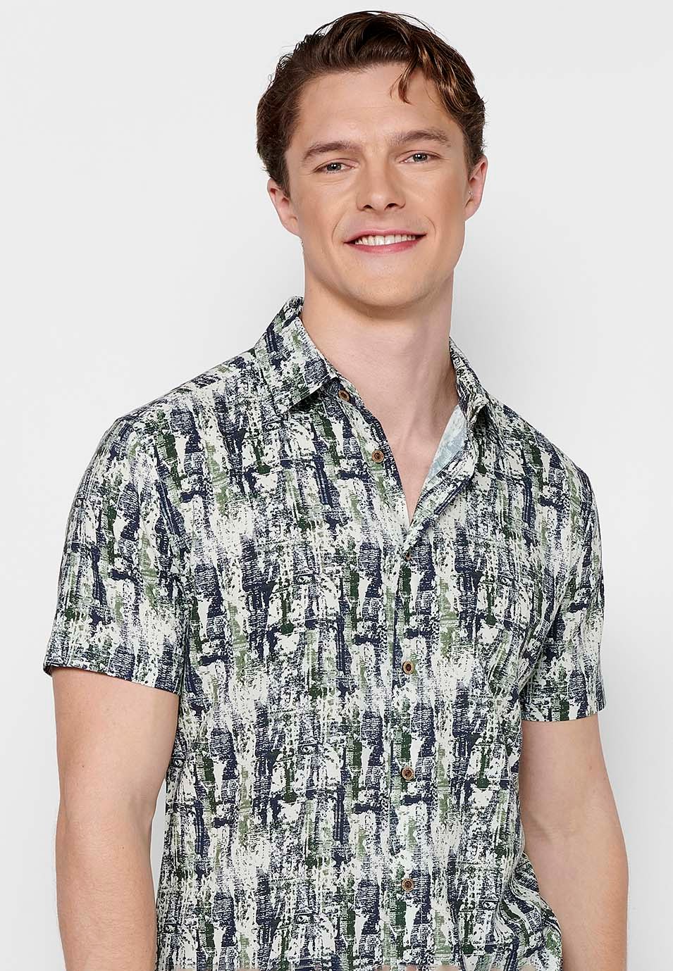 Men's Khaki Color Button Front Closure Short Sleeve Printed Shirt