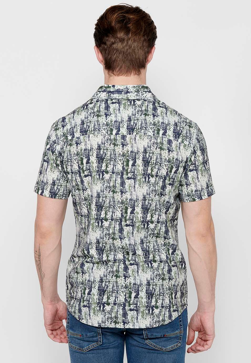 Kurzärmliges, bedrucktes Herrenhemd in Khaki-Farbe mit Knopfverschluss vorne