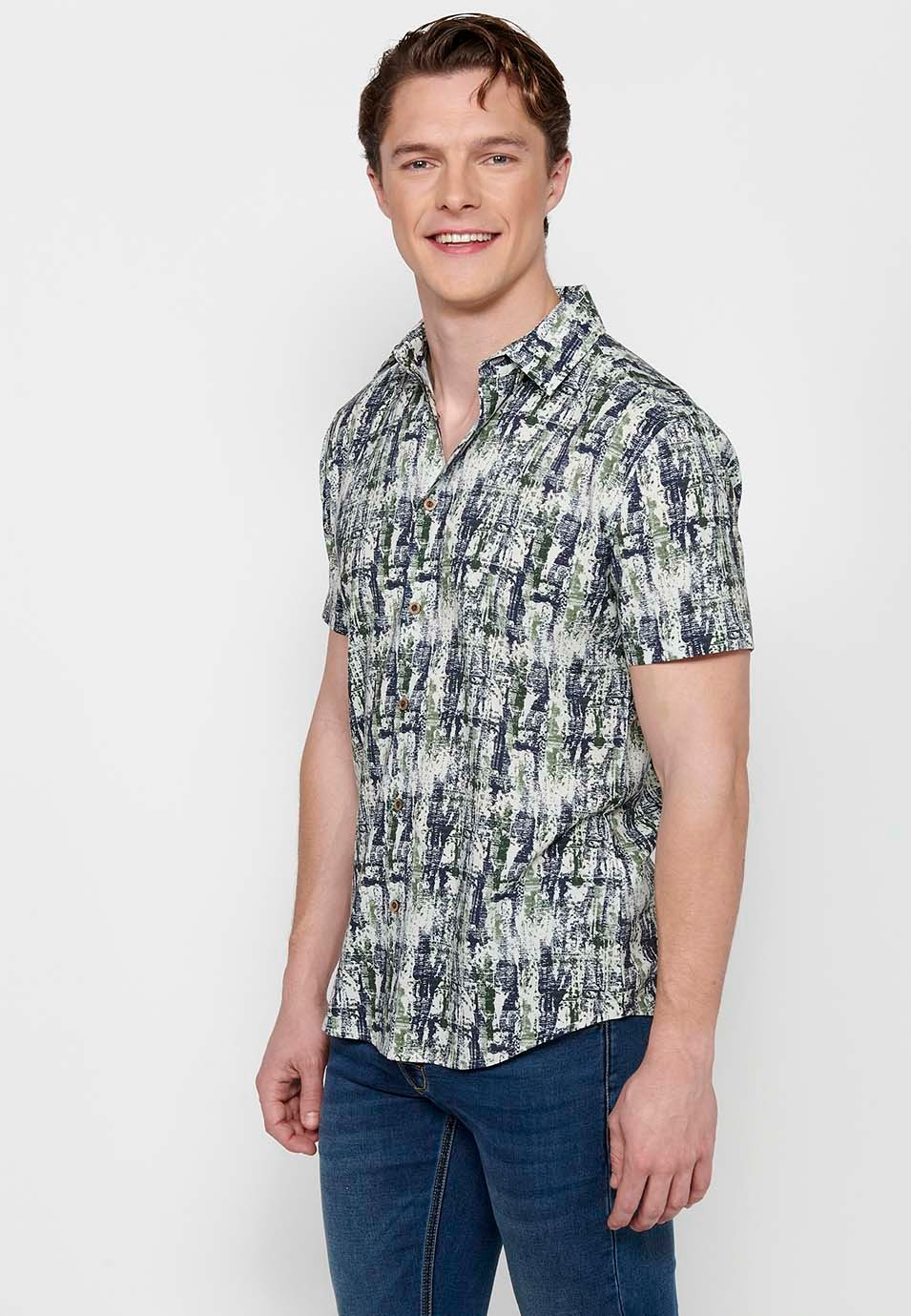 Men's Khaki Color Button Front Closure Short Sleeve Printed Shirt