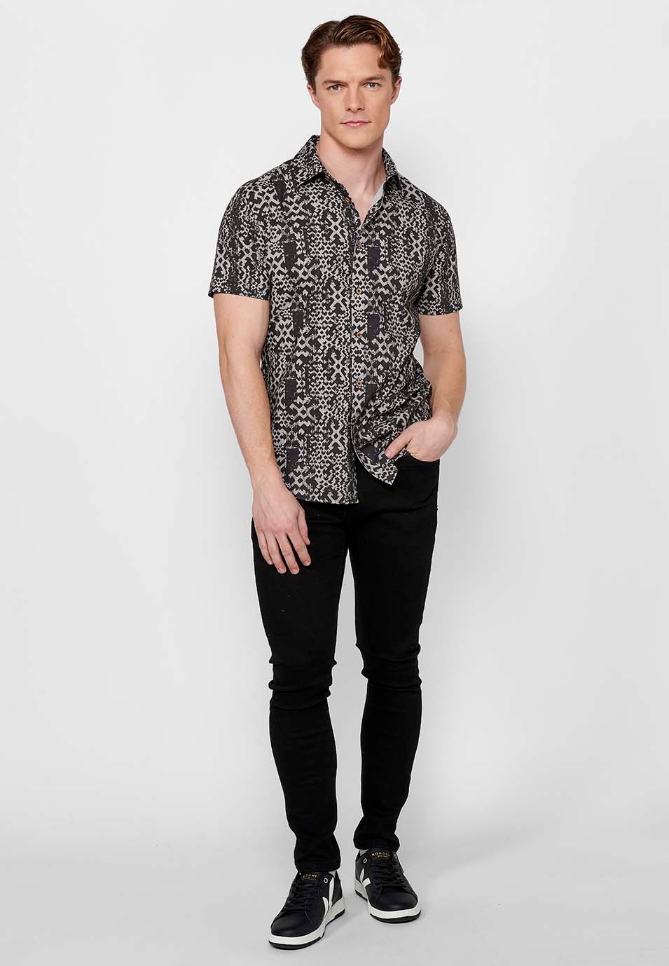 Black Button Front Closure Short Sleeve Printed Shirt for Men