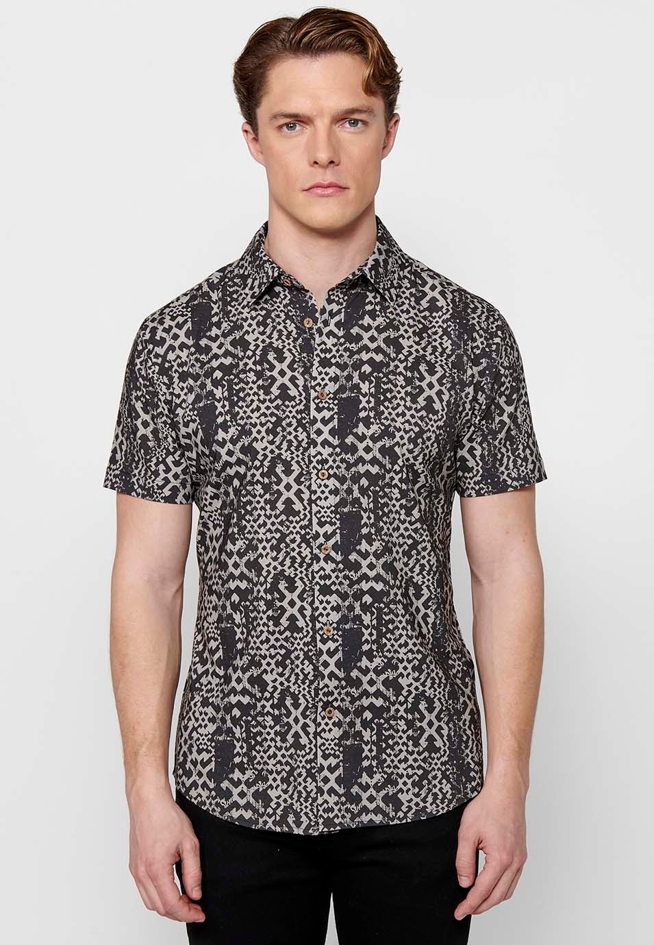 Black Button Front Closure Short Sleeve Printed Shirt for Men