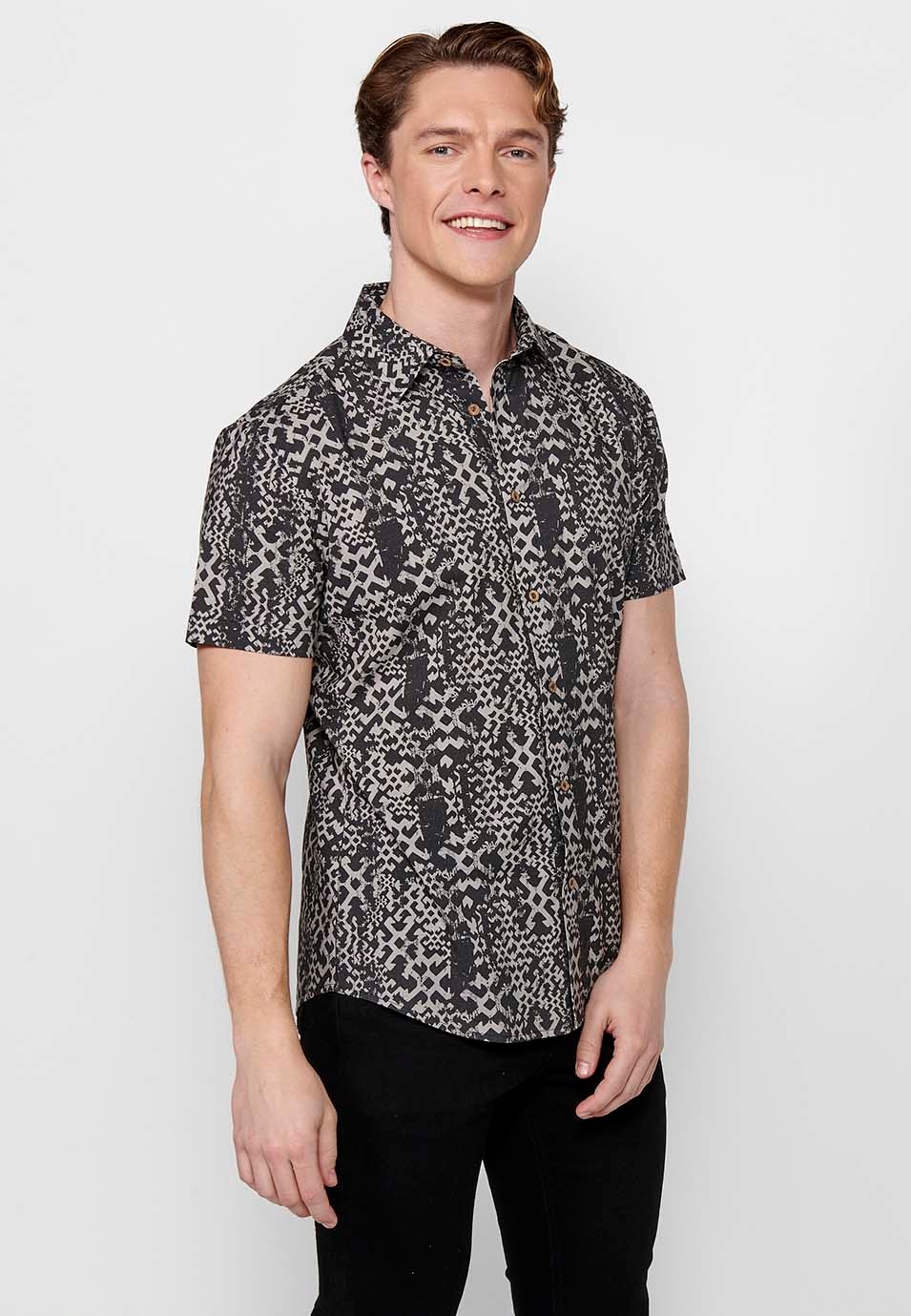 Black Button Front Closure Short Sleeve Printed Shirt for Men