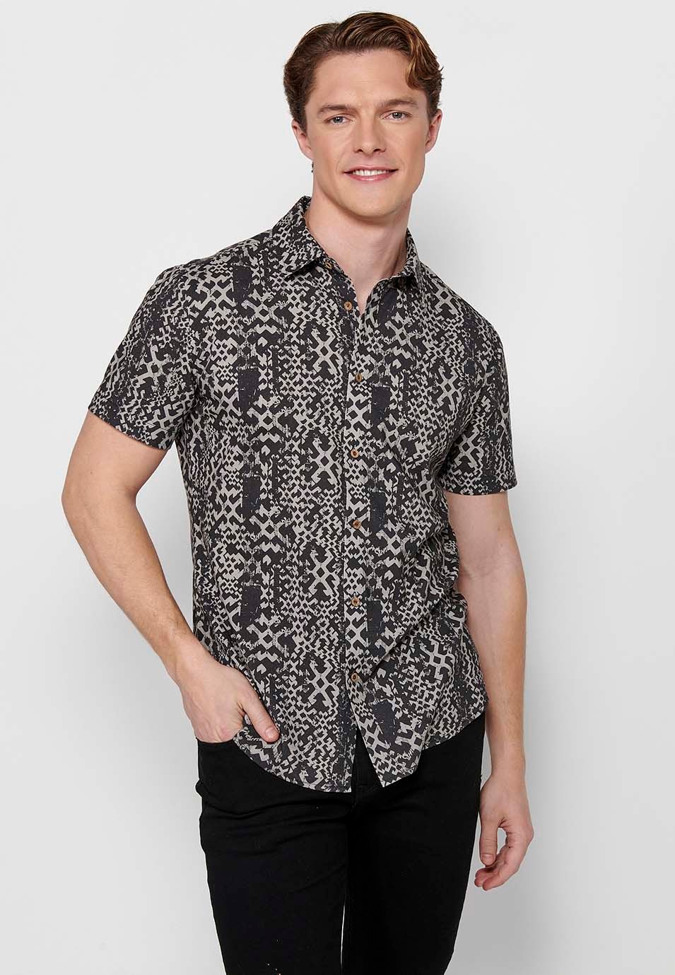 Black Button Front Closure Short Sleeve Printed Shirt for Men