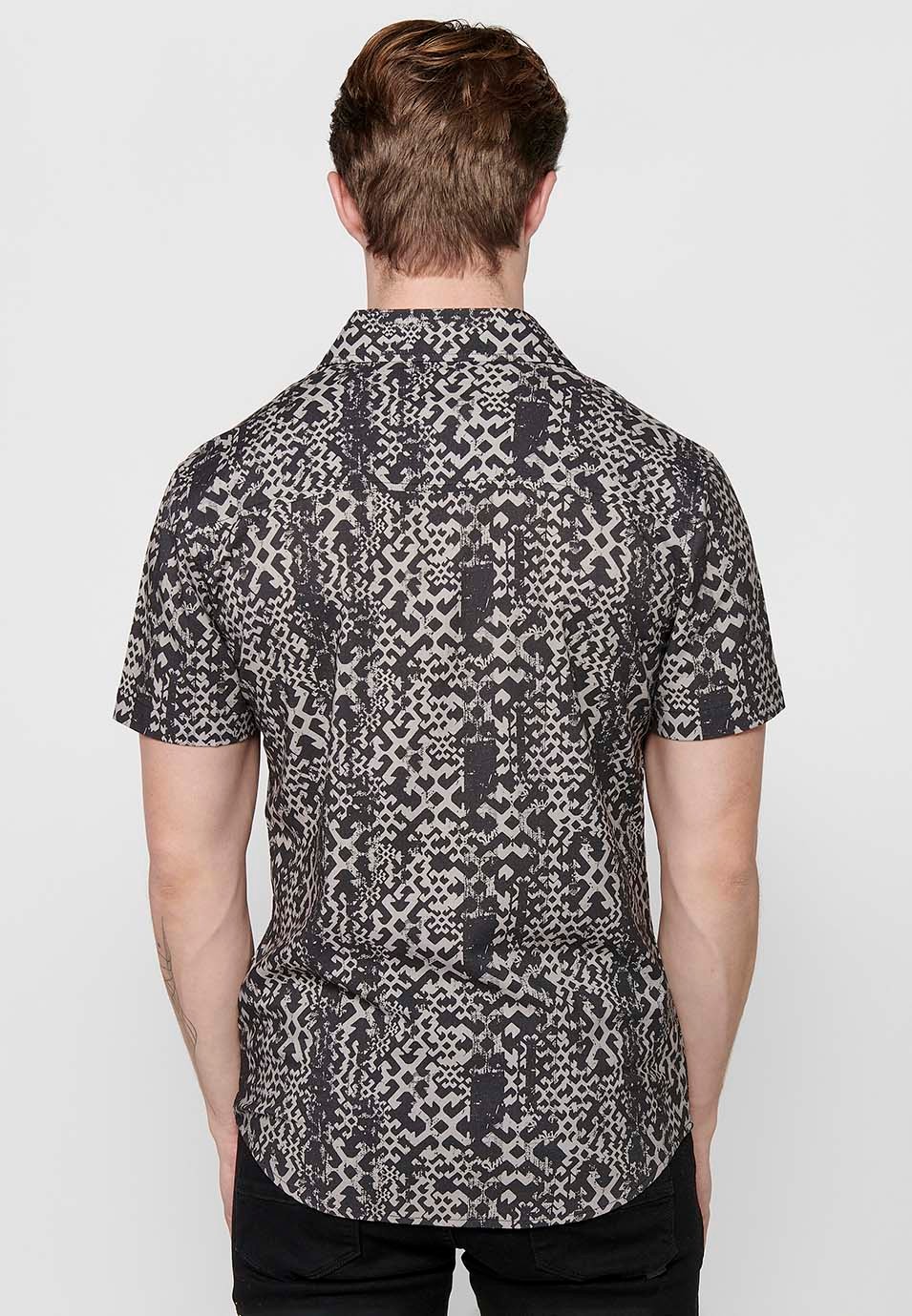 Black Button Front Closure Short Sleeve Printed Shirt for Men