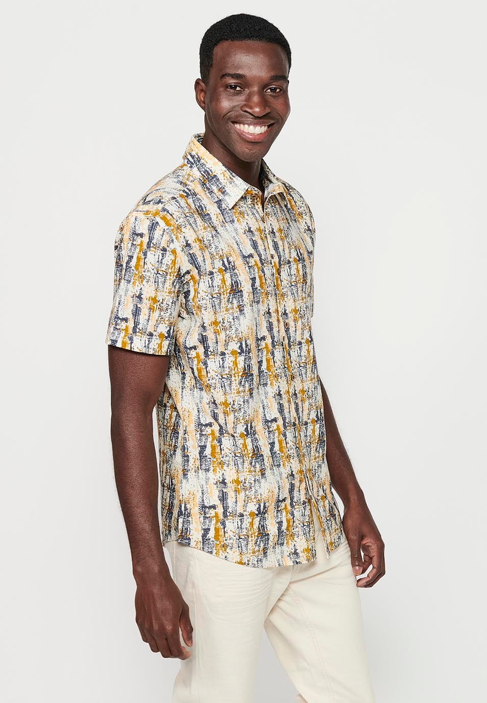 Ocher Color Button Front Closure Short Sleeve Printed Shirt for Men