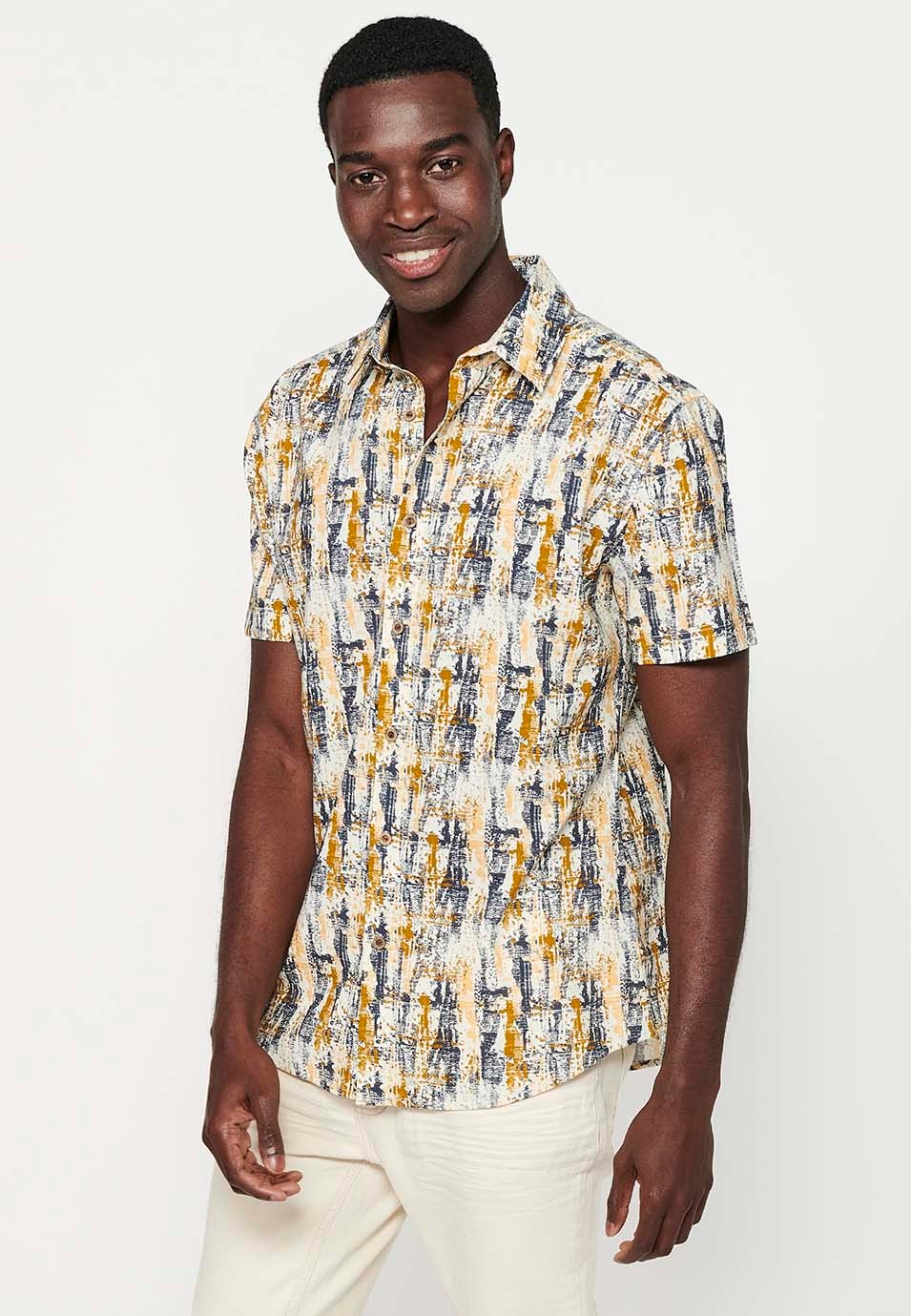 Ocher Color Button Front Closure Short Sleeve Printed Shirt for Men 2
