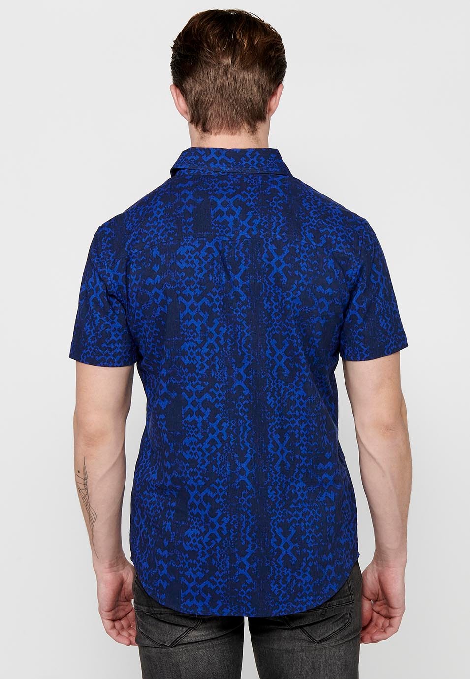 Chemise imprimée à manches courtes et bouton de couleur bleue pour hommes