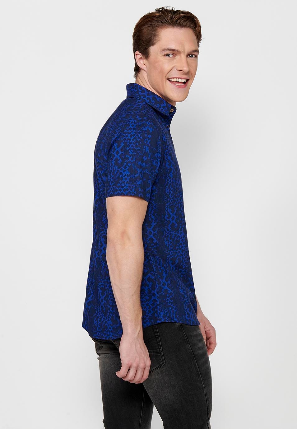 Chemise imprimée à manches courtes et bouton de couleur bleue pour hommes
