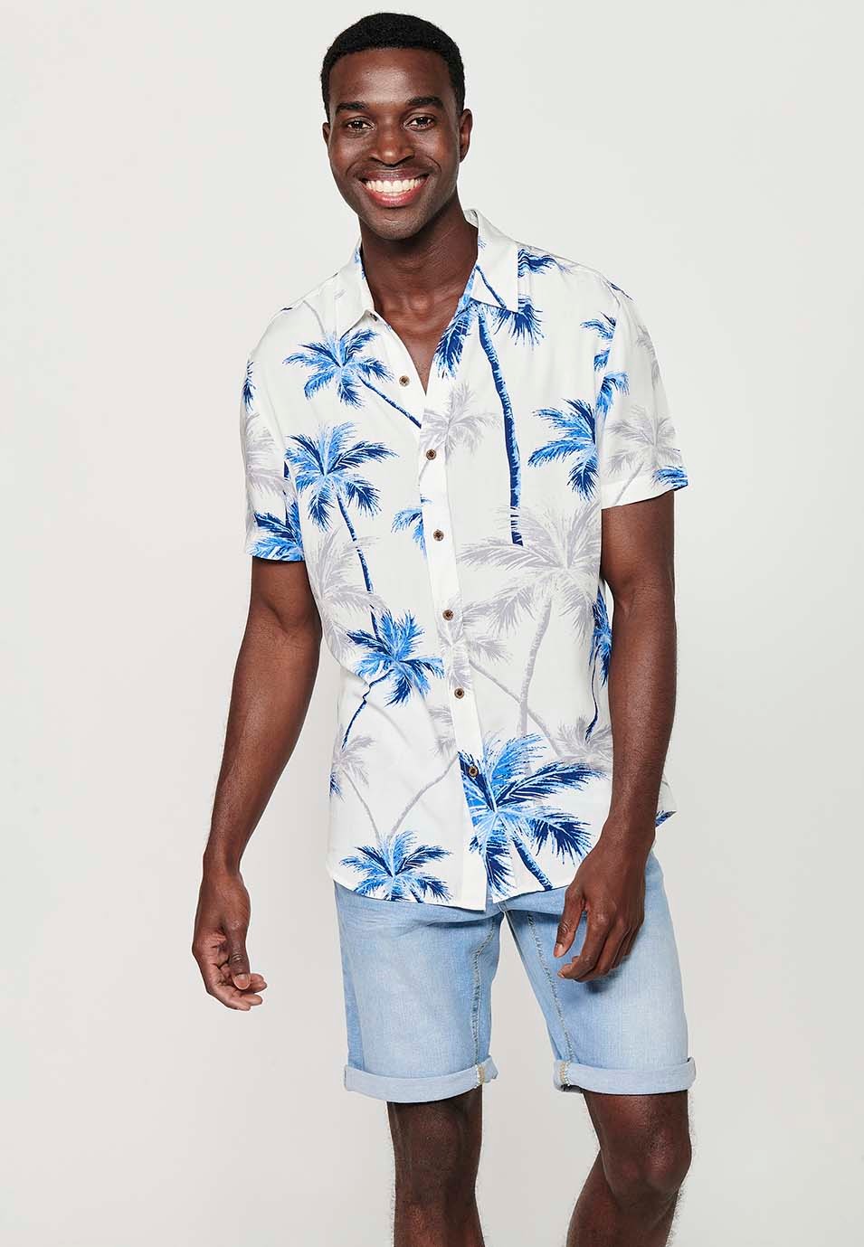 Camisa de manga corta con cuello camisero y estampado floral tropical, blanco para hombres