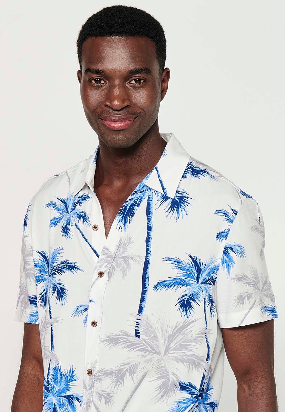 Camisa de manga corta con cuello camisero y estampado floral tropical, blanco para hombres