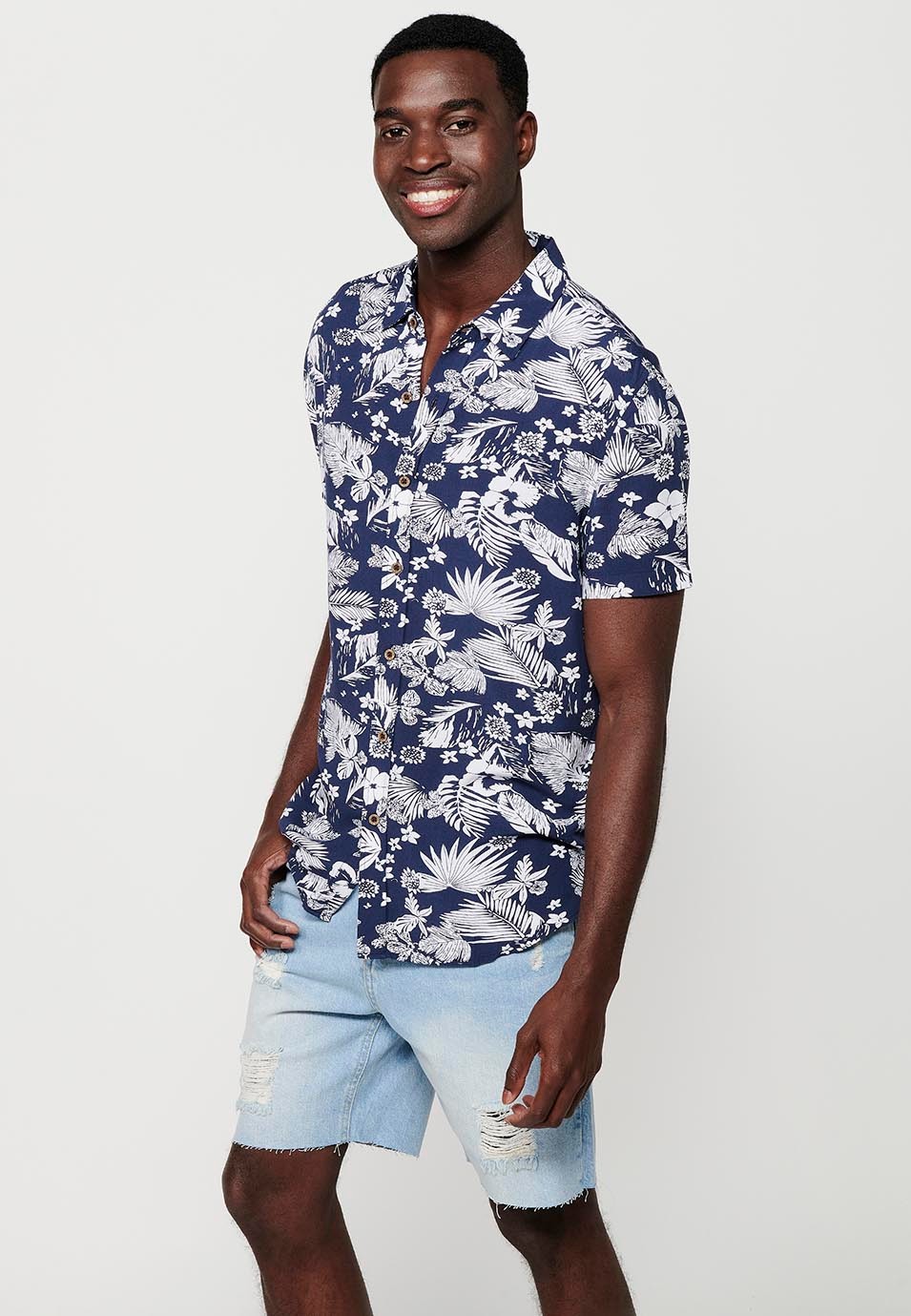 Chemise manches courtes col chemise et imprimé floral tropical, Bleu pour homme