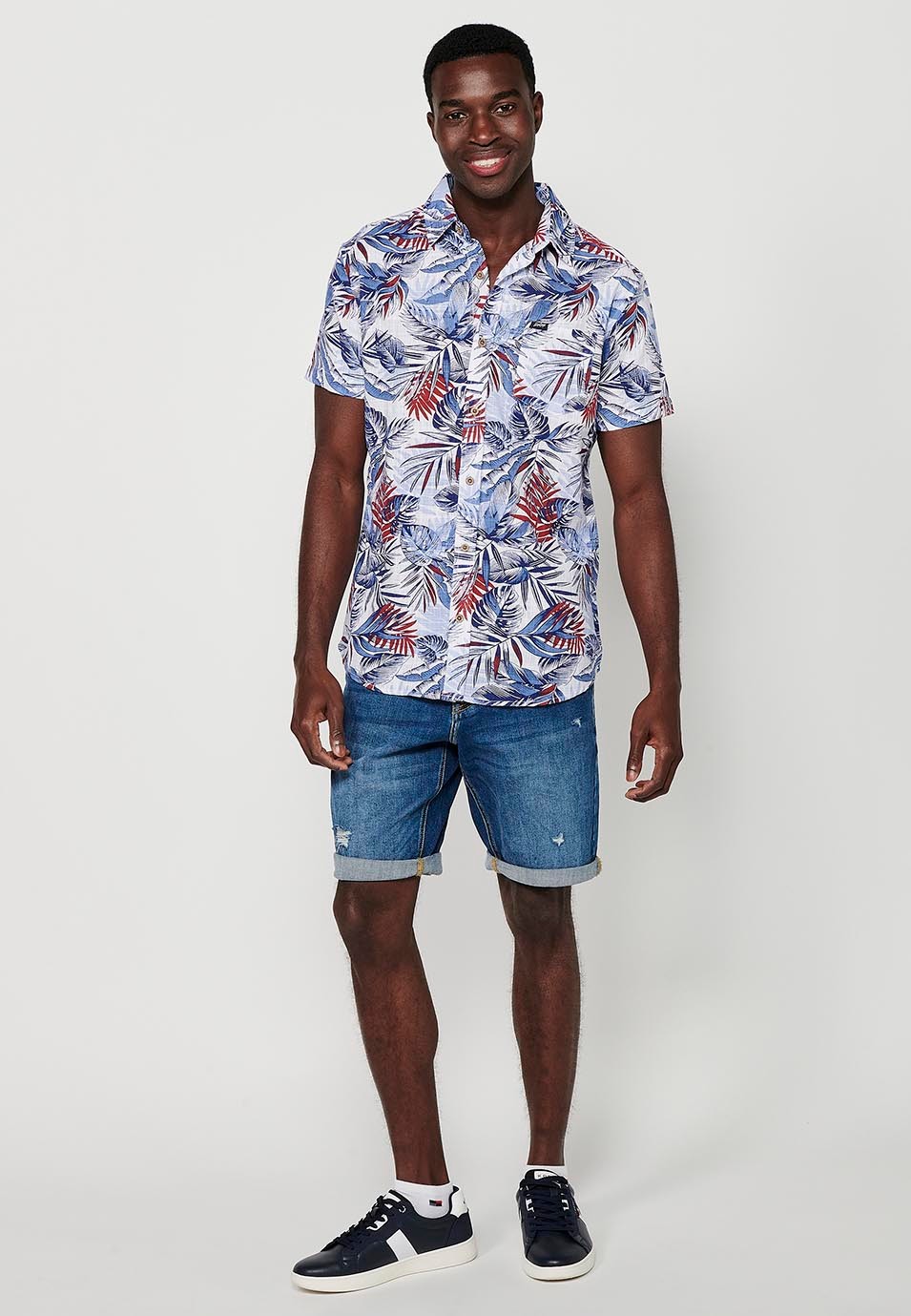 Camiseta de manga corta de Algodón con Cierre delantero con botones y Estampado tropical de Color Azul para Hombre