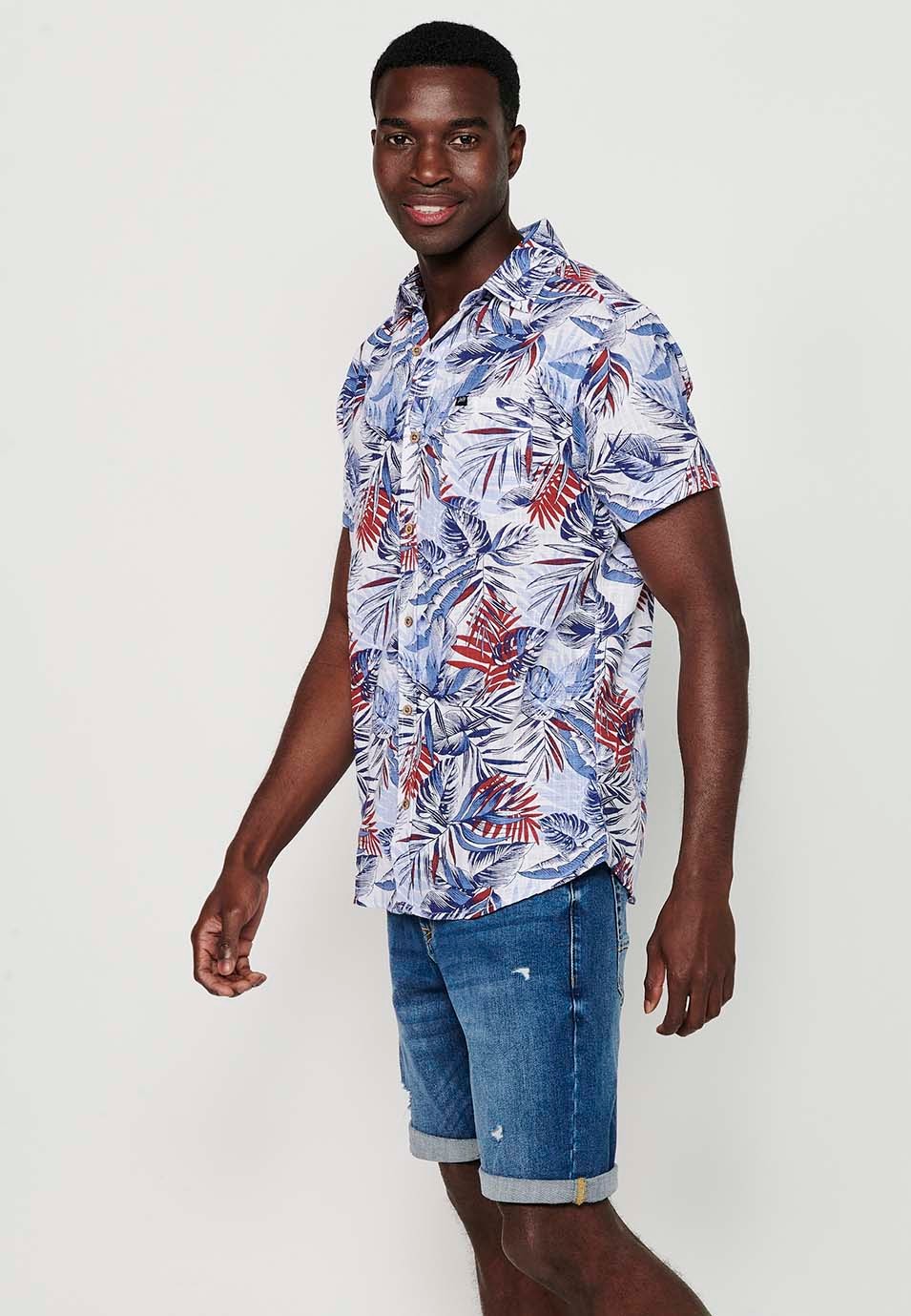 Samarreta de màniga curta de Cotó amb Tancament davanter amb botons i Estampat tropical de Color Blau per a Home