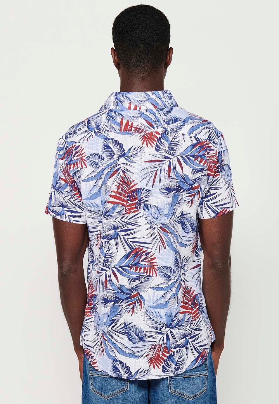 T-shirt en coton à manches courtes avec fermeture boutonnée sur le devant et imprimé tropical bleu pour homme