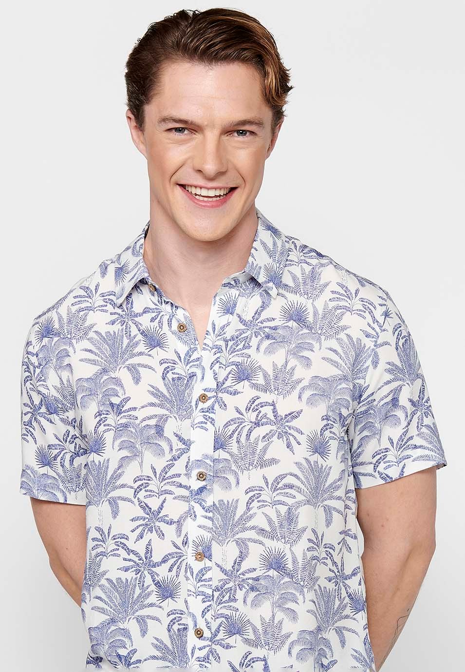 Camisa de manga corta con botones, color azul para hombres 4