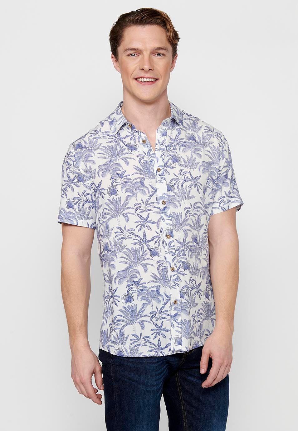 Camisa de manga corta con botones, color azul para hombres 6