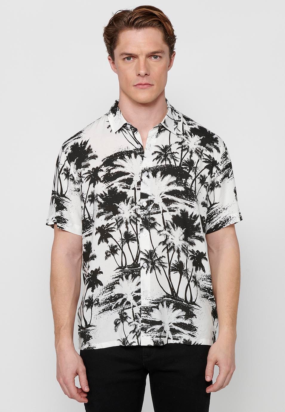 Black and white printed short sleeve shirt for men