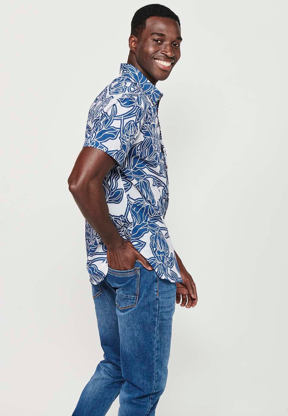 Chemise en coton à manches courtes avec fermeture boutonnée bleue sur le devant pour homme