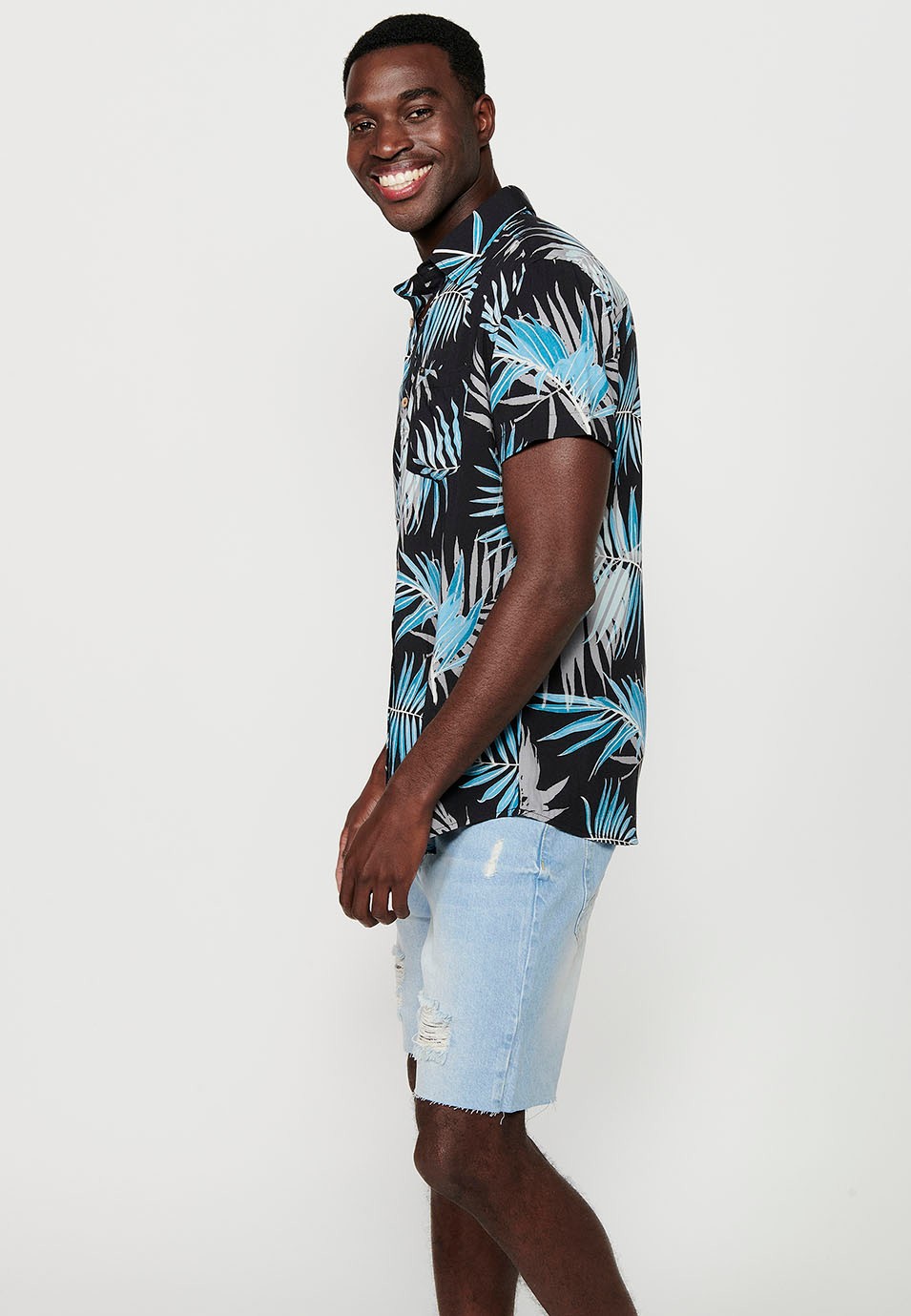 Chemises à manches courtes imprimées noires multicolores pour hommes