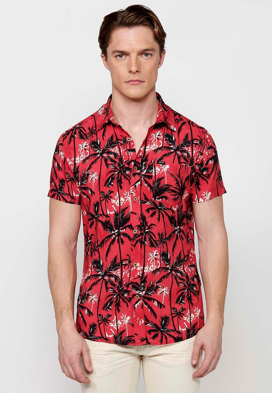 Camisas de manga corta estampada roja multicolor para hombres