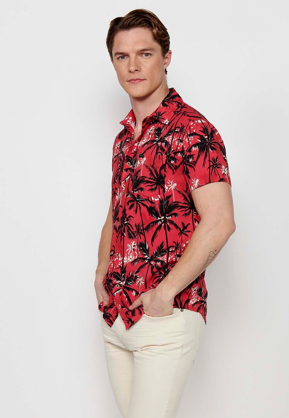 Camisas de manga corta estampada roja multicolor para hombres