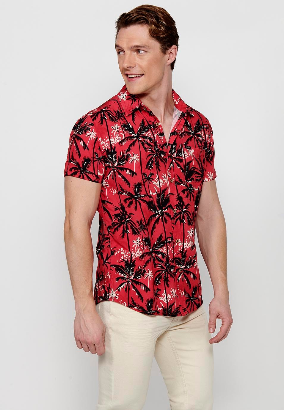 Camisas de manga corta estampada roja multicolor para hombres