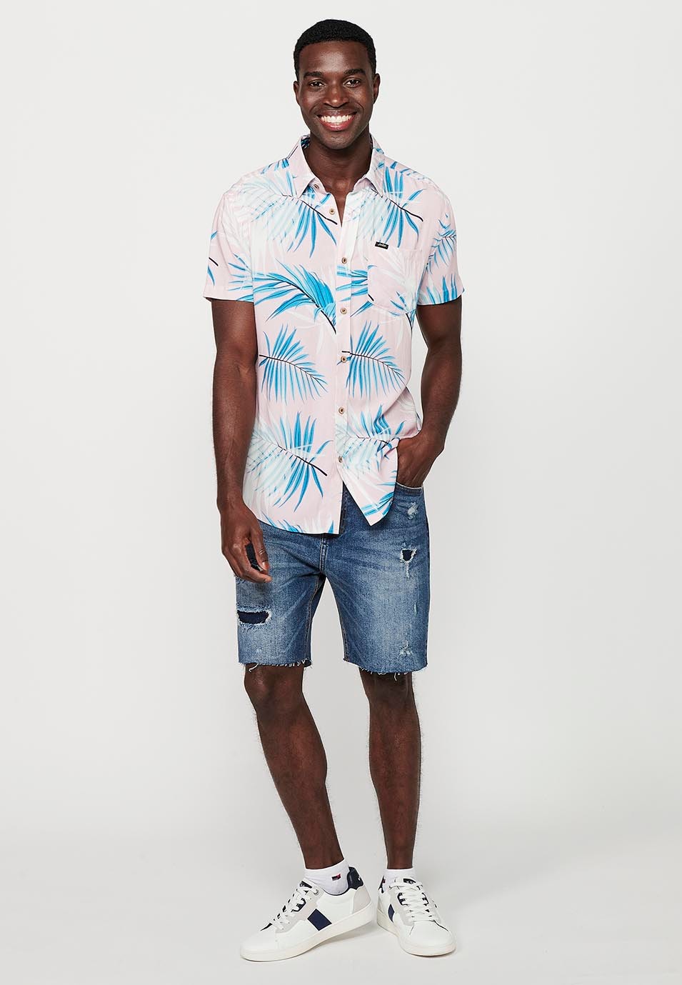 Multicolor Pink Printed Short Sleeve Shirts for Men