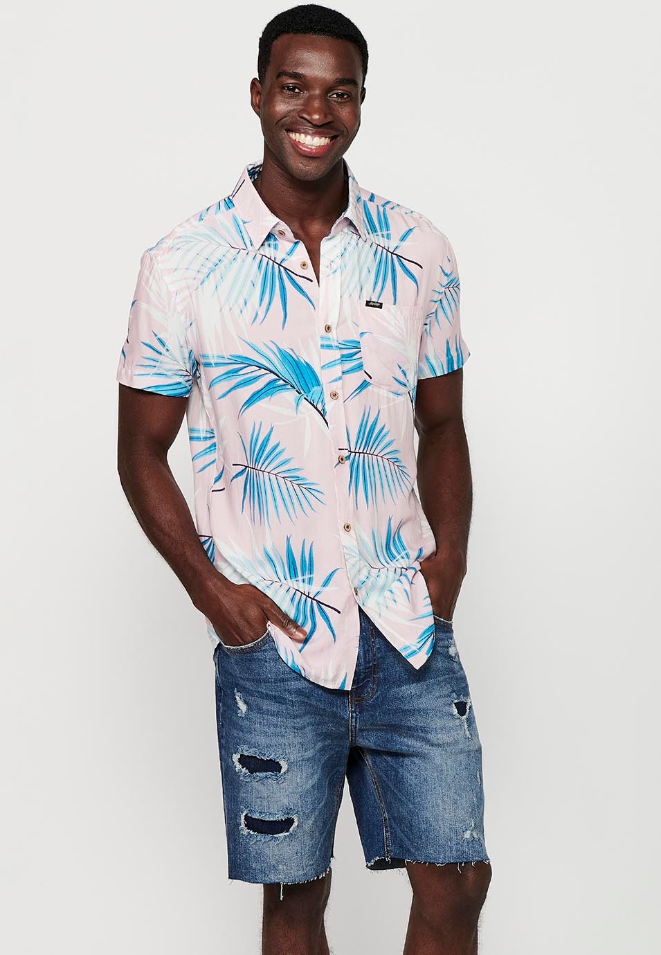 Multicolor Pink Printed Short Sleeve Shirts for Men